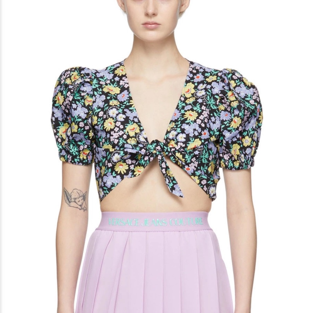 Versace Jeans Couture sz 2 Front Tie Blouse Crop Top Floral Cotton